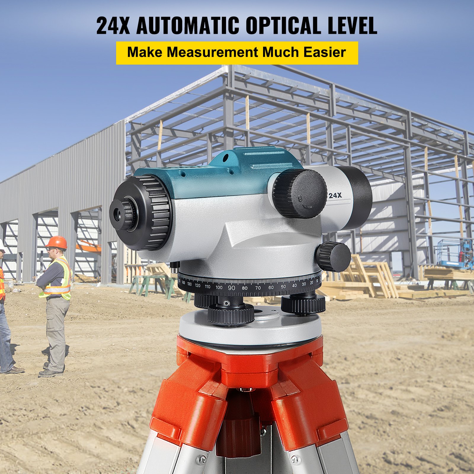 VEVOR automatic optical level on tripod at construction site. &quot;24x automatic optical level&quot; text above.