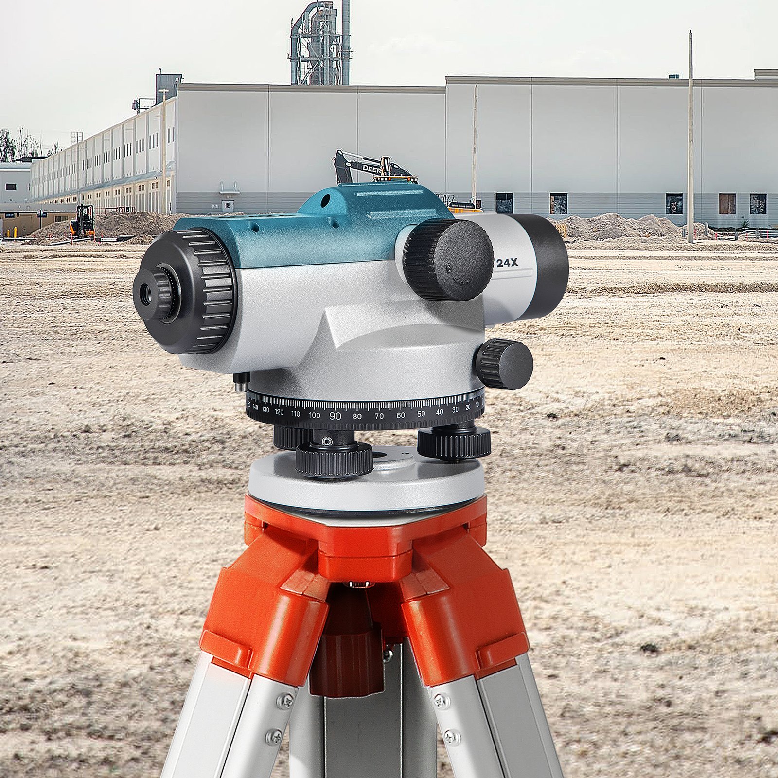 VEVOR automatic optical level on tripod at a construction site with warehouse background.