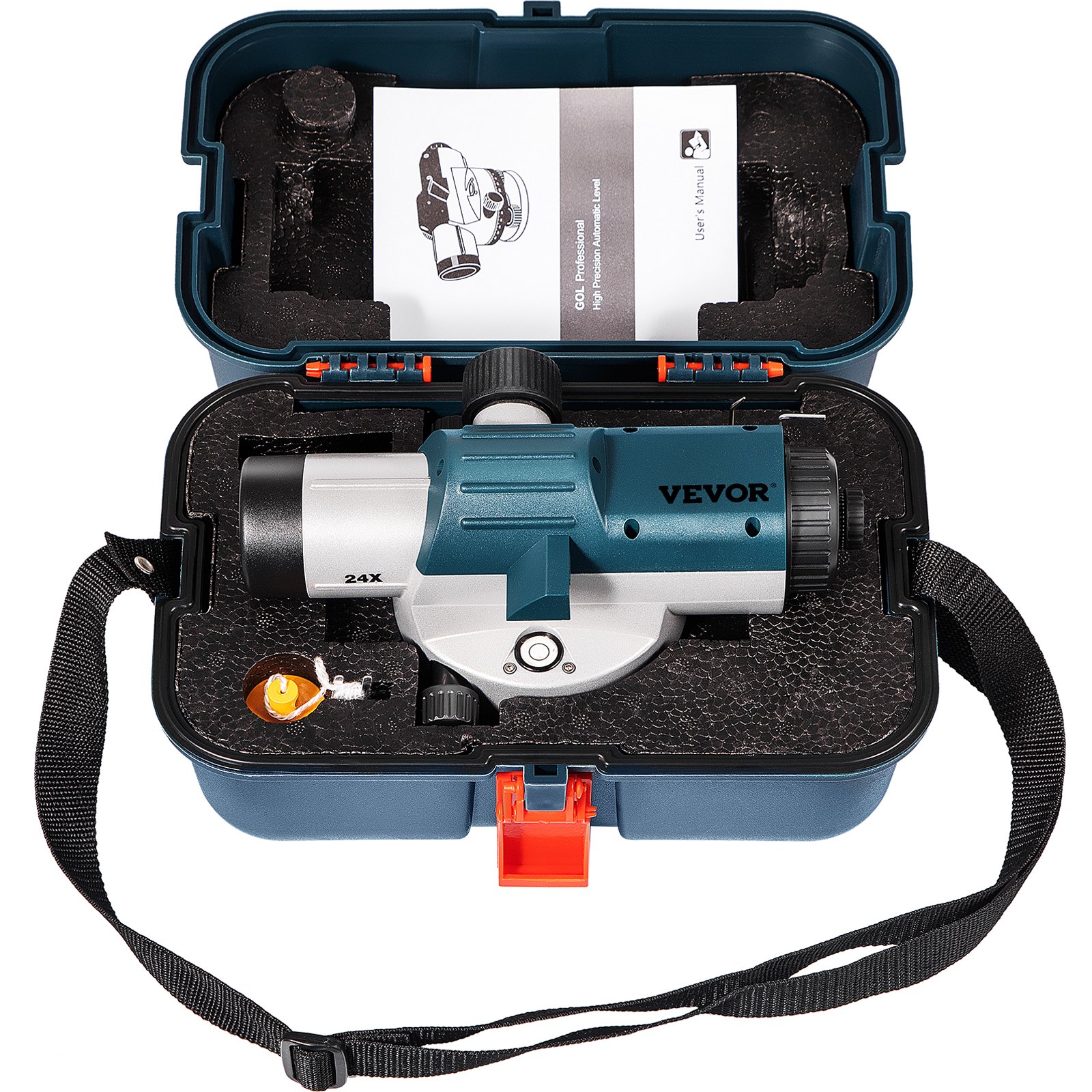 VEVOR automatic optical level in protective carrying case with manual and accessories.