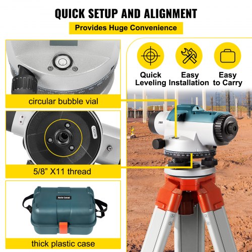 VEVOR Automatic Optical Level, 26X, 40?mm Aperture Auto Level Kit with Magnetic Dampened Compensator and Transport Lock, Height Distance Angle Measuring Tool w/ Hard Plastic Case, IP54 Waterproof