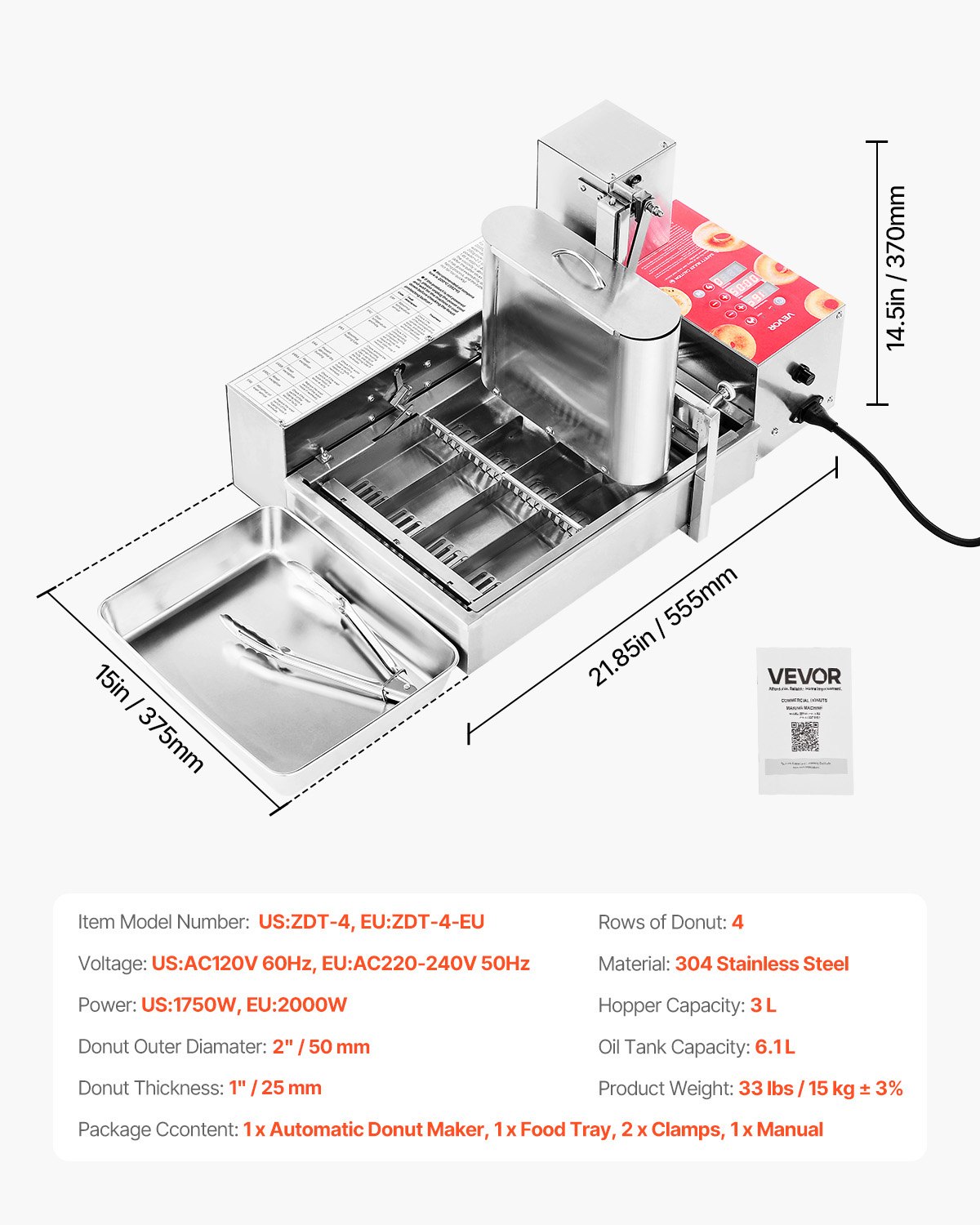 VEVOR Commercial Automatic Donuts Machine, 4 Rows Donuts Making Equipment, 240 pcs/hour Electric High Power Doughnut Maker, Stainless Steel Frying Auto Fryer, with Intelligent Control