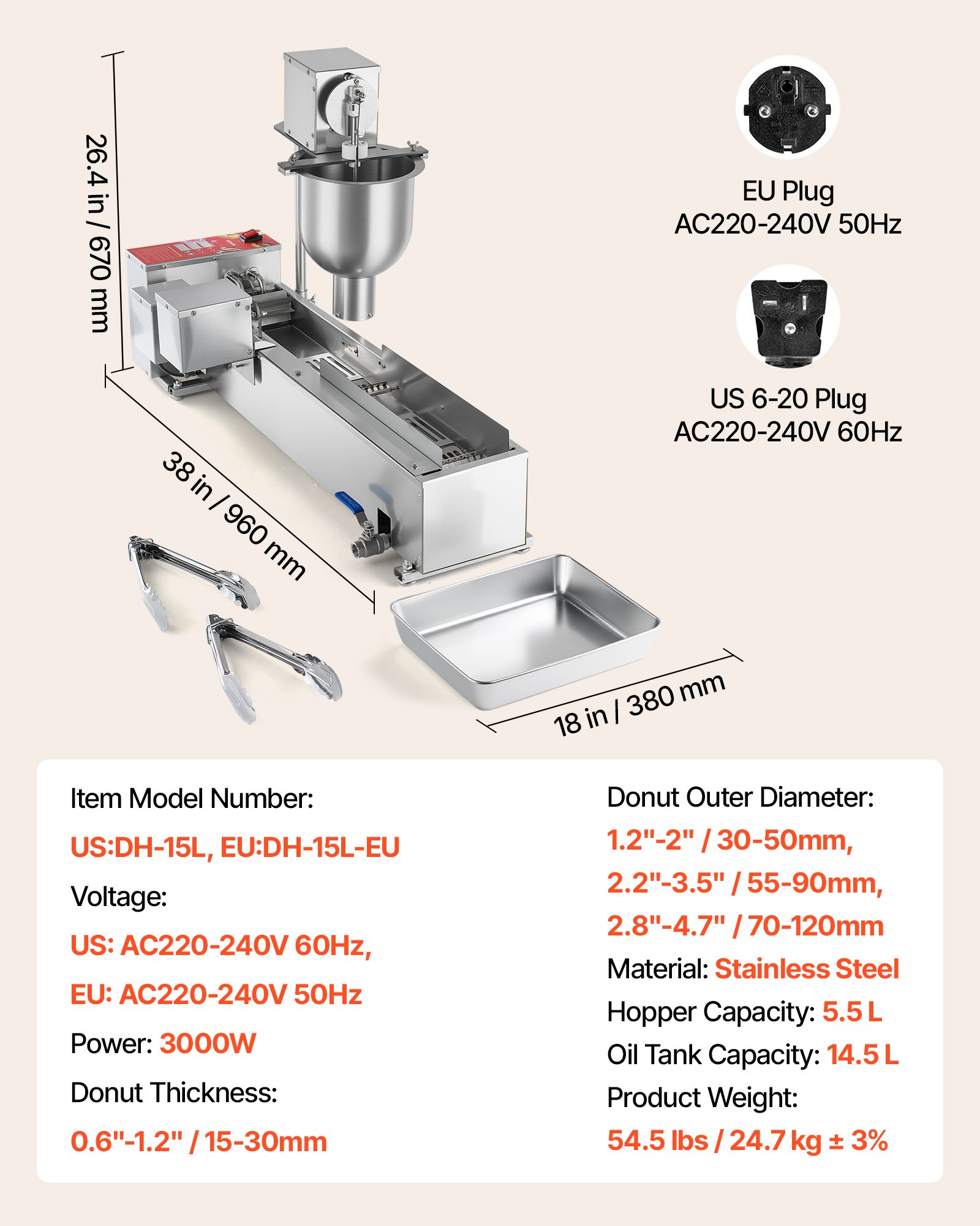 Máquina automática comercial para hacer donas VEVOR, equipo para hacer donas de una sola fila, máquina eléctrica de alta potencia para hacer donas de 90 piezas/hora, freidora automática de acero inoxidable, con 3 moldes de diferentes tamaños, con conteo automático.