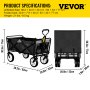 Skládací vozík VEVOR, nosnost 176 lb, venkovní užitkový skládací vůz s nastavitelným madlem a univerzálními koly, přenosný pro kempování, obchod s potravinami, pláž, černá a šedá