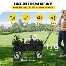 VEVOR Folding Wagon Cart, 176 lbs Load, Outdoor Utility Collapsible Wagon w/ Adjustable Handle & Universal Wheels, Portable for Camping, Grocery, Beach, Black & Gray