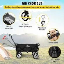 VEVOR Folding Wagon Cart, 176 lbs Load, Outdoor Utility Collapsible Wagon w/ Adjustable Handle & Universal Wheels, Portable for Camping, Grocery, Beach, Black & Gray