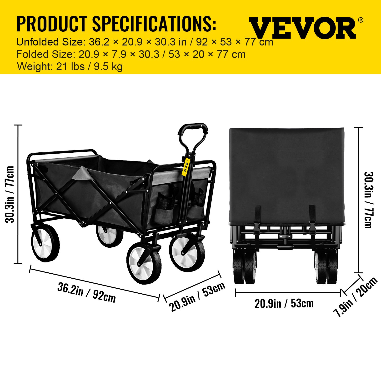VEVOR collapsible folding wagon with product specifications, dimensions, and weight displayed in yellow box.