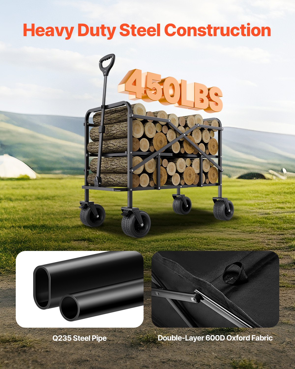 VEVOR Double Decker Wagon Collapsible, 400L Heavy Duty Folding Wagon Cart, Extended Long Garden Cart with All-Terrain Wheels, Support Up to 450lbs, Outdoor Utility Wagon for Camping, Sports, Shopping