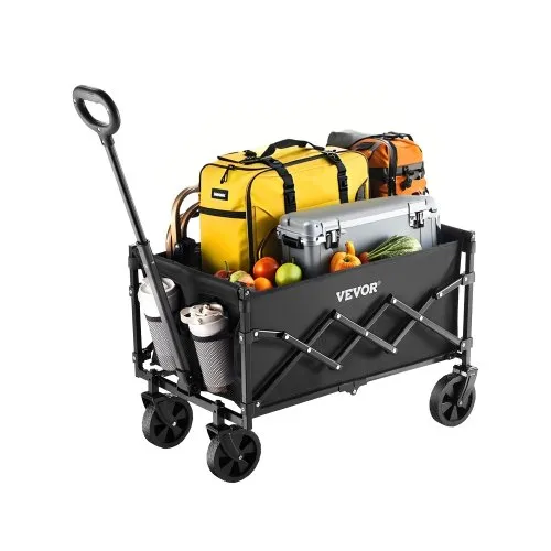 VEVOR Collapsible Wagon Carts, 120L & 225LBS Folding Wagons with All-Terrain Wheels, Heavy Duty Outdoor Utility Cart with Adjustable Handle, Portable Camping Cart for Beach Grocery Garden Black