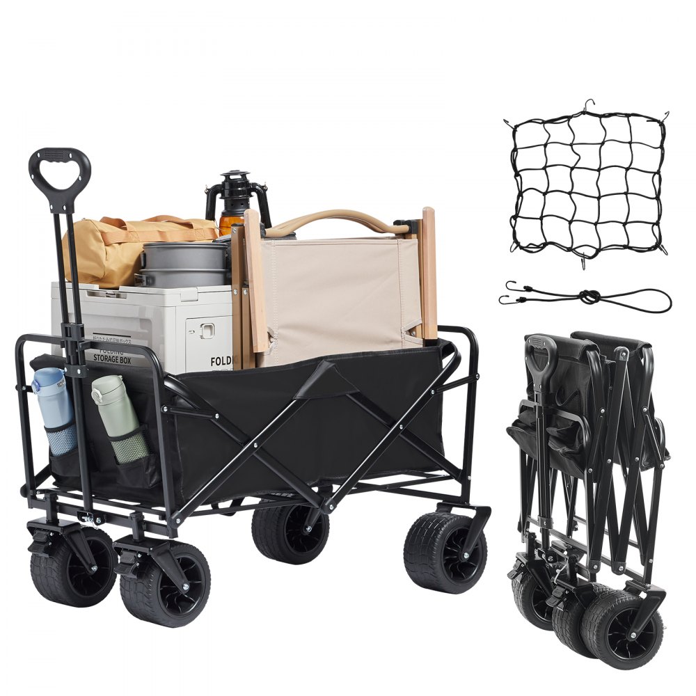Skládací skládací vůz VEVOR, 3 kubické stopy plážový vozík s terénními koly, těžký skládací vozík, nosnost 350 lb s držáky nápojů, sportovní vůz pro kempování, nákupy, zahradu