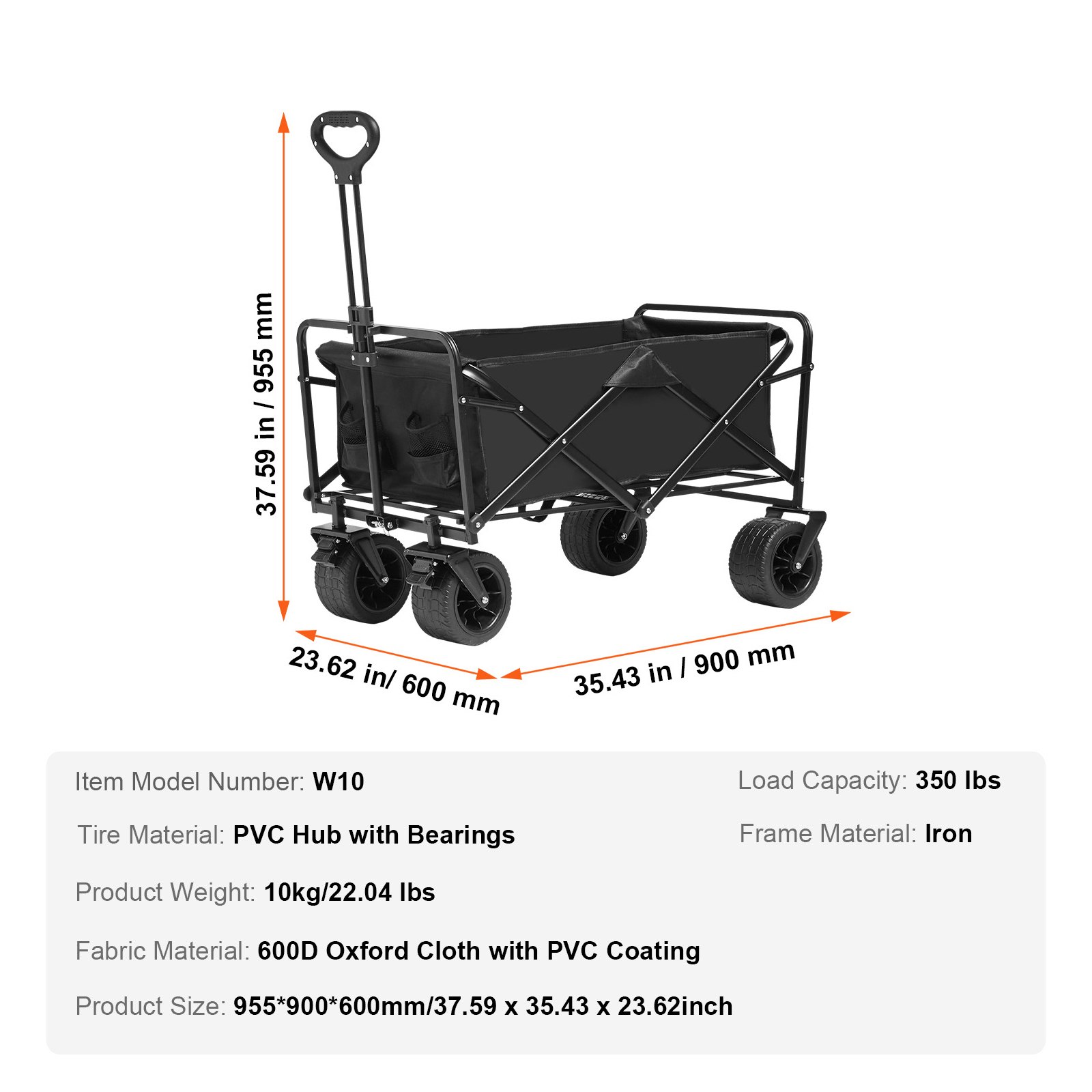 VEVOR Collapsible Folding Wagon, 3 cu.ft Beach Wagon Cart with All-Terrain Wheels, Heavy Duty Folding Wagon Cart 350 lbs Weight Capacity with Drink Holders, Sports Wagon for Camping, Shopping, Garden