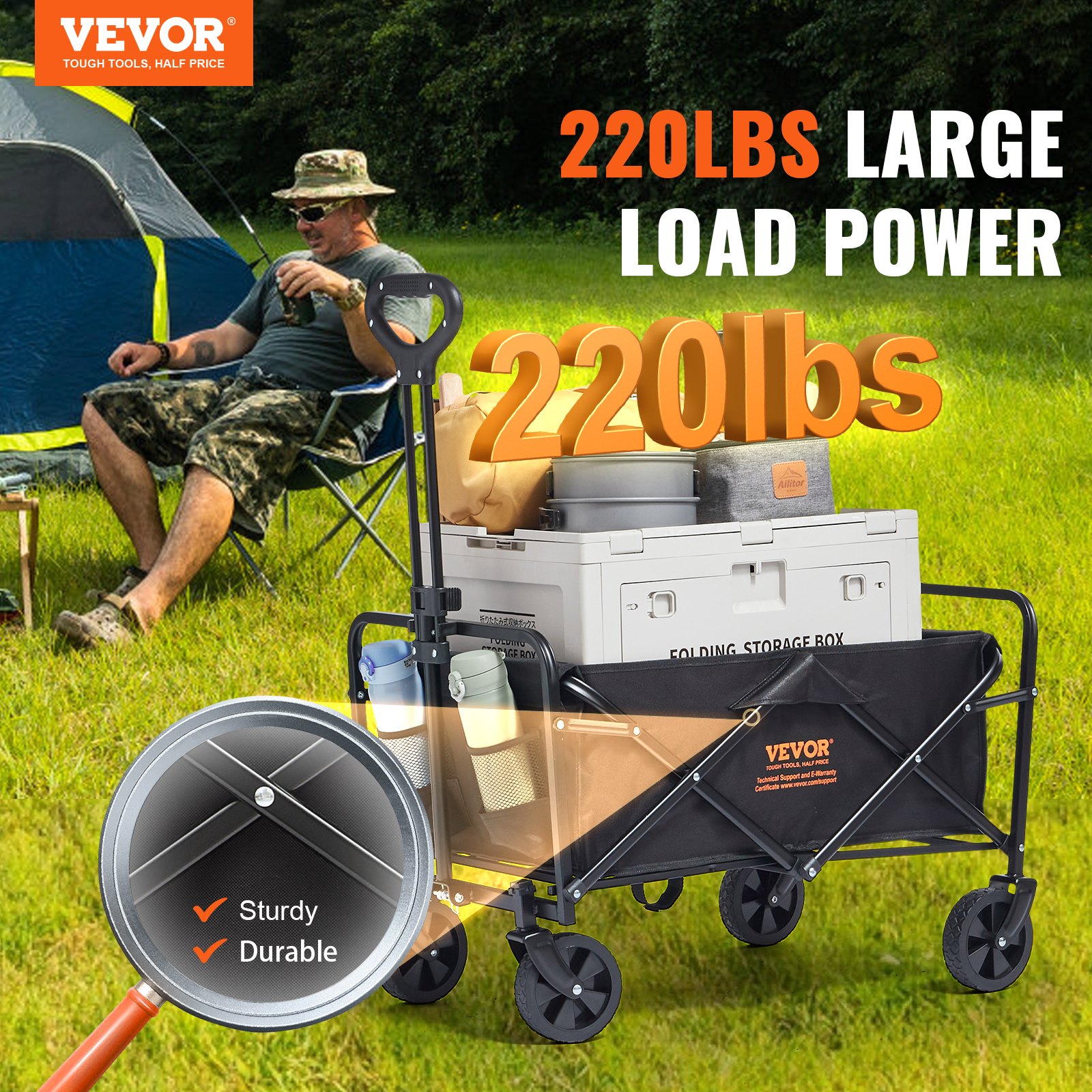 VEVOR - Carro plegable para playa de 2 pies cúbicos con ruedas todoterreno de 5 pulgadas, resistente, capacidad de peso de 220 libras, con portavasos, para acampar, ir de compras y para el jardín