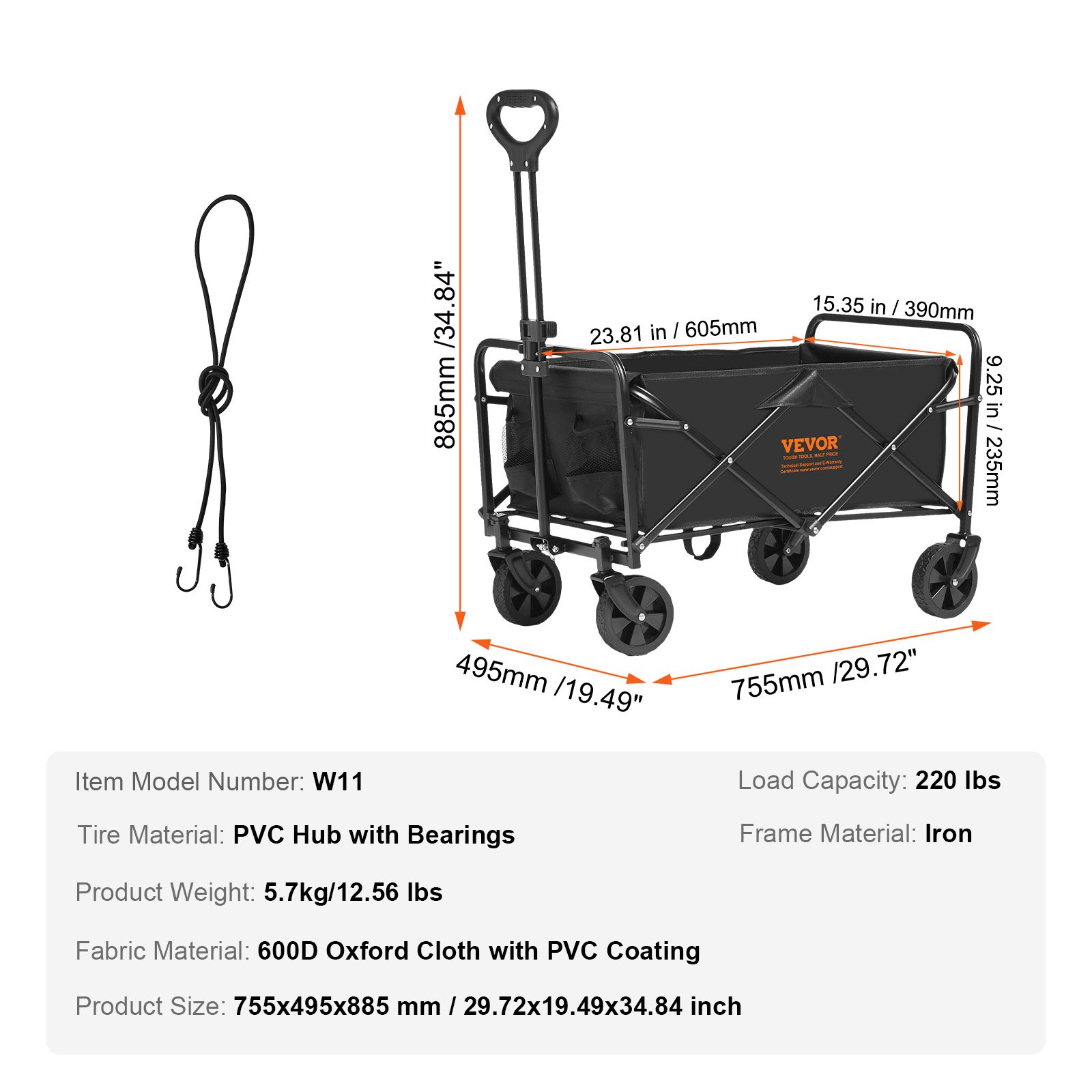 VEVOR - Carro plegable para playa de 2 pies cúbicos con ruedas todoterreno de 5 pulgadas, resistente, capacidad de peso de 220 libras, con portavasos, para acampar, ir de compras y para el jardín
