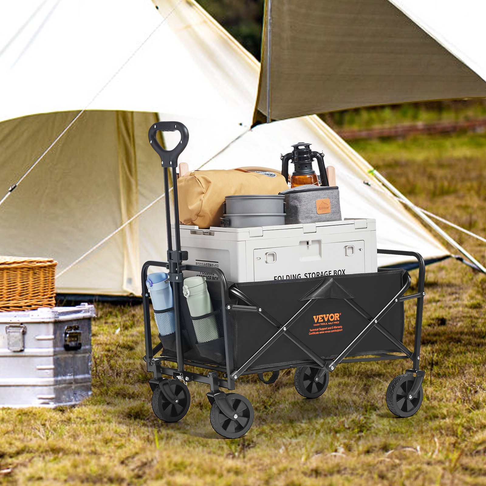 VEVOR - Carro plegable para playa de 2 pies cúbicos con ruedas todoterreno de 5 pulgadas, resistente, capacidad de peso de 220 libras, con portavasos, para acampar, ir de compras y para el jardín