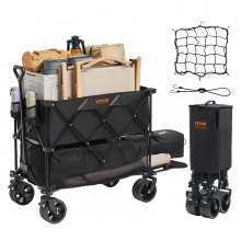 VEVOR Foldable Double Decker Wagon, 400L Collapsible Wagon Cart with All-Terrain Wheels, Heavy Duty Folding Wagon Cart 225 lbs Weight Capacity for Camping, Shopping, Garden, 52" Extra Long Extender