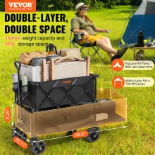 VEVOR Foldable Double Decker Wagon, 400L Collapsible Wagon Cart with All-Terrain Wheels, Heavy Duty Folding Wagon Cart 350 lbs Weight Capacity for Camping, Shopping, Garden, 52" Extra Long Extender