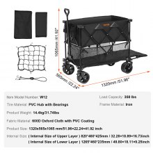 VEVOR Foldable Double Decker Wagon, 400L Collapsible Wagon Cart with All-Terrain Wheels, Heavy Duty Folding Wagon Cart 350 lbs Weight Capacity for Camping, Shopping, Garden, 52" Extra Long Extender