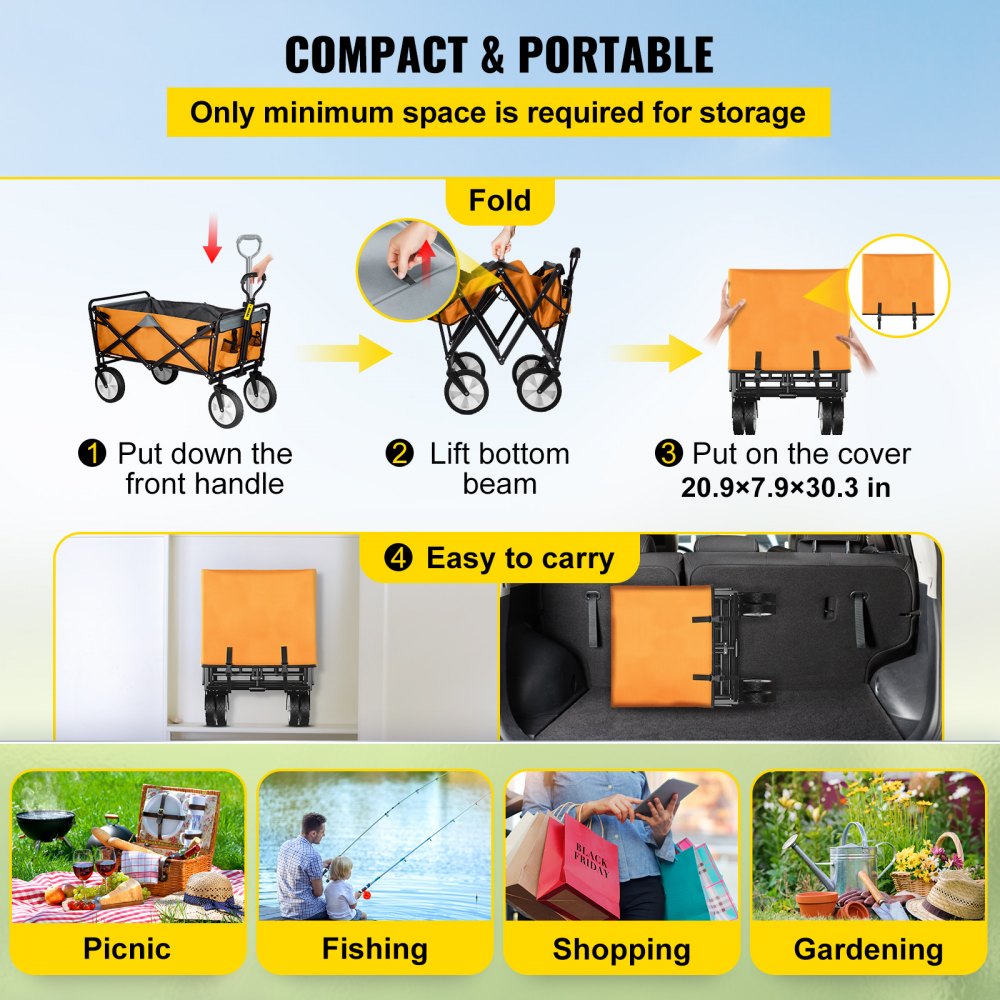 VEVOR Folding Wagon Cart, 176 lbs Load, Outdoor Utility Collapsible Wagon w/ Adjustable Handle & Universal Wheels, Portable for Camping, Grocery, Beach, Orange & Gray