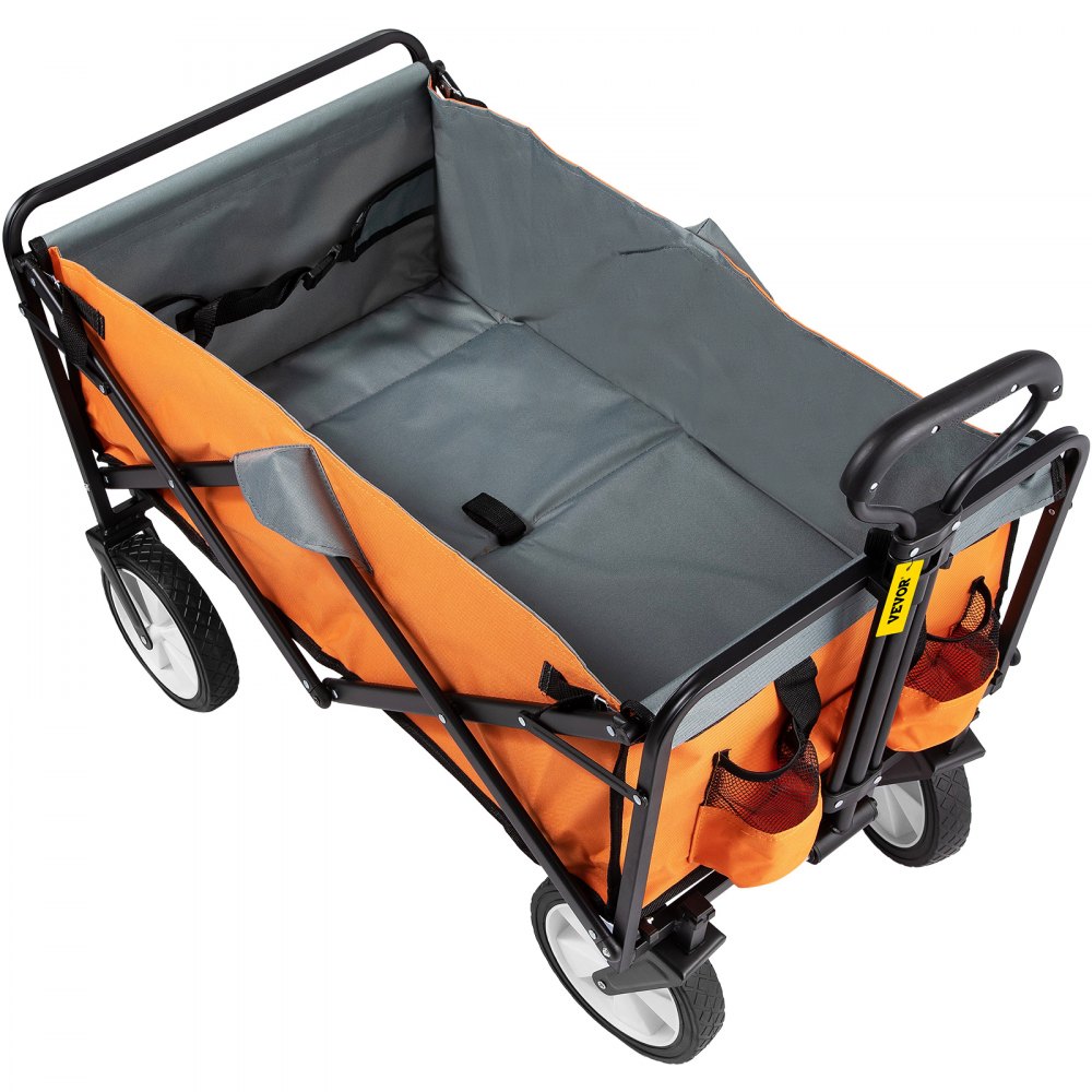 VEVOR Folding Wagon Cart, 176 lbs Load, Outdoor Utility Collapsible Wagon w/ Adjustable Handle & Universal Wheels, Portable for Camping, Grocery, Beach, Orange & Gray