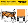 VEVOR Folding Wagon Cart, 176 lbs Load, Outdoor Utility Collapsible Wagon w/ Adjustable Handle & Universal Wheels, Portable for Camping, Grocery, Beach, Orange & Gray
