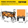 VEVOR Folding Wagon Cart, 176 lbs Load, Outdoor Utility Collapsible Wagon w/ Adjustable Handle & Universal Wheels, Portable for Camping, Grocery, Beach, Orange & Gray