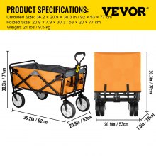 Skládací vozík VEVOR, nosnost 176 lb, venkovní užitkový skládací vůz s nastavitelným madlem a univerzálními koly, přenosný pro kempování, obchod s potravinami, pláž, oranžová a šedá