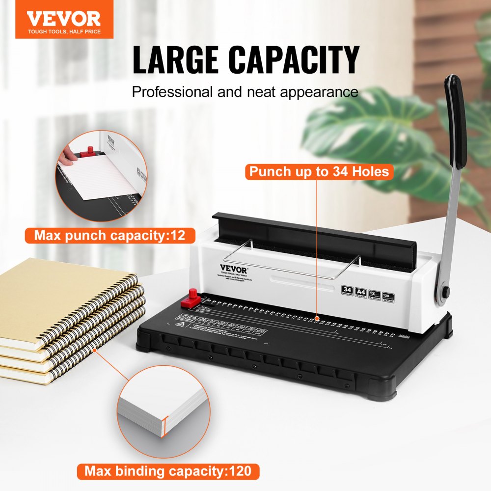 VEVOR binding machine with large capacity, punches up to 34 holes, and binds up to 120 sheets.