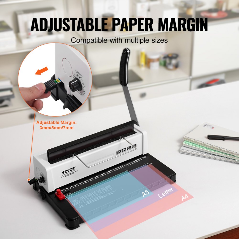 VEVOR binding machine showing adjustable paper margin feature for a5, letter, and a4 paper sizes.