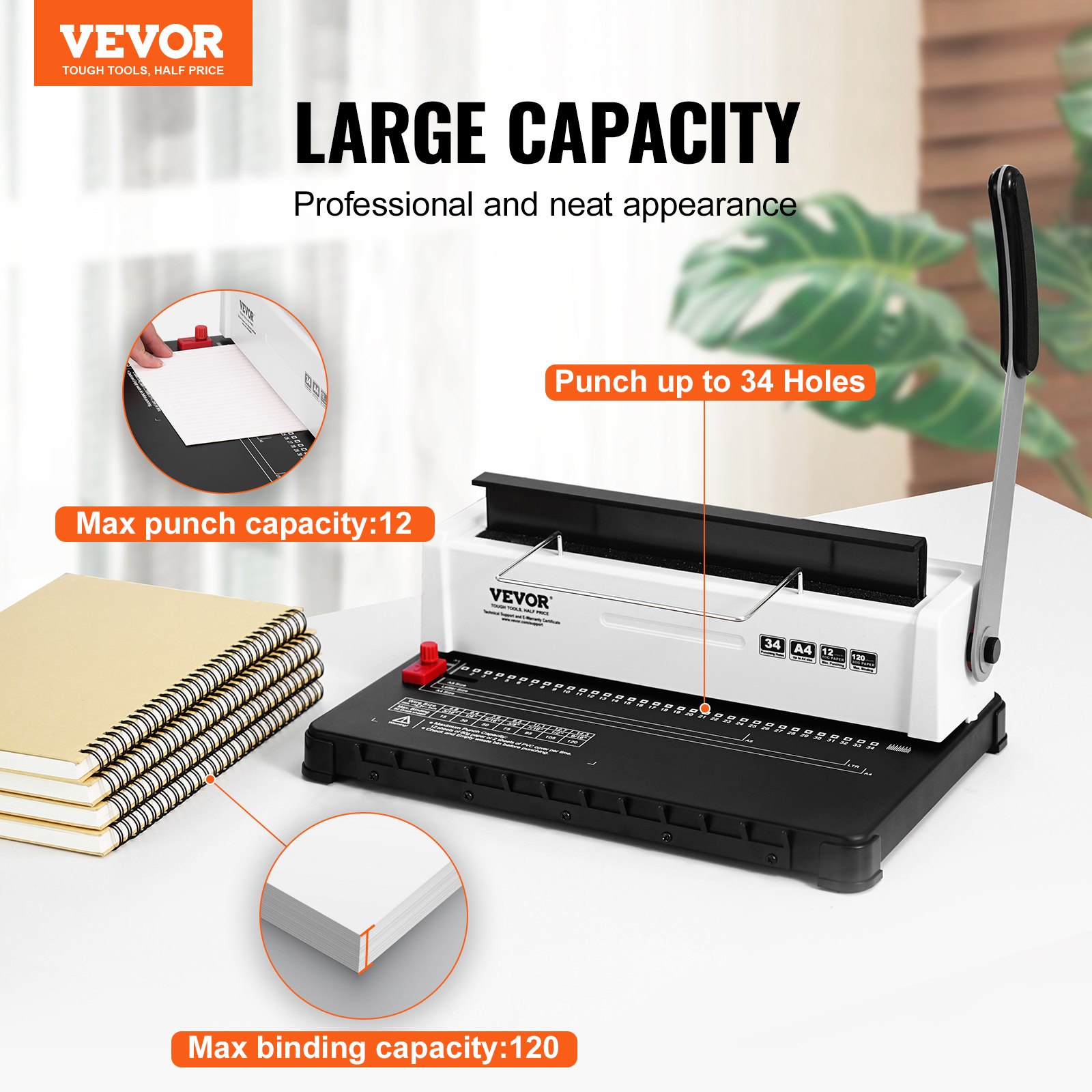 VEVOR binding machine with large capacity, punches up to 34 holes, and binds up to 120 sheets.