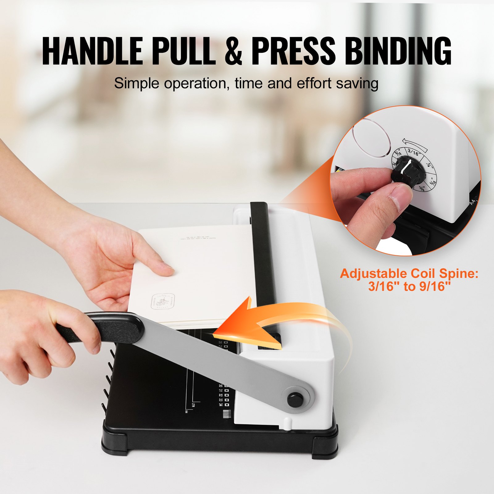 VEVOR binding machine with handle pull and press mechanism, adjustable coil spine from 3/16&quot; to 9/16&quot;.