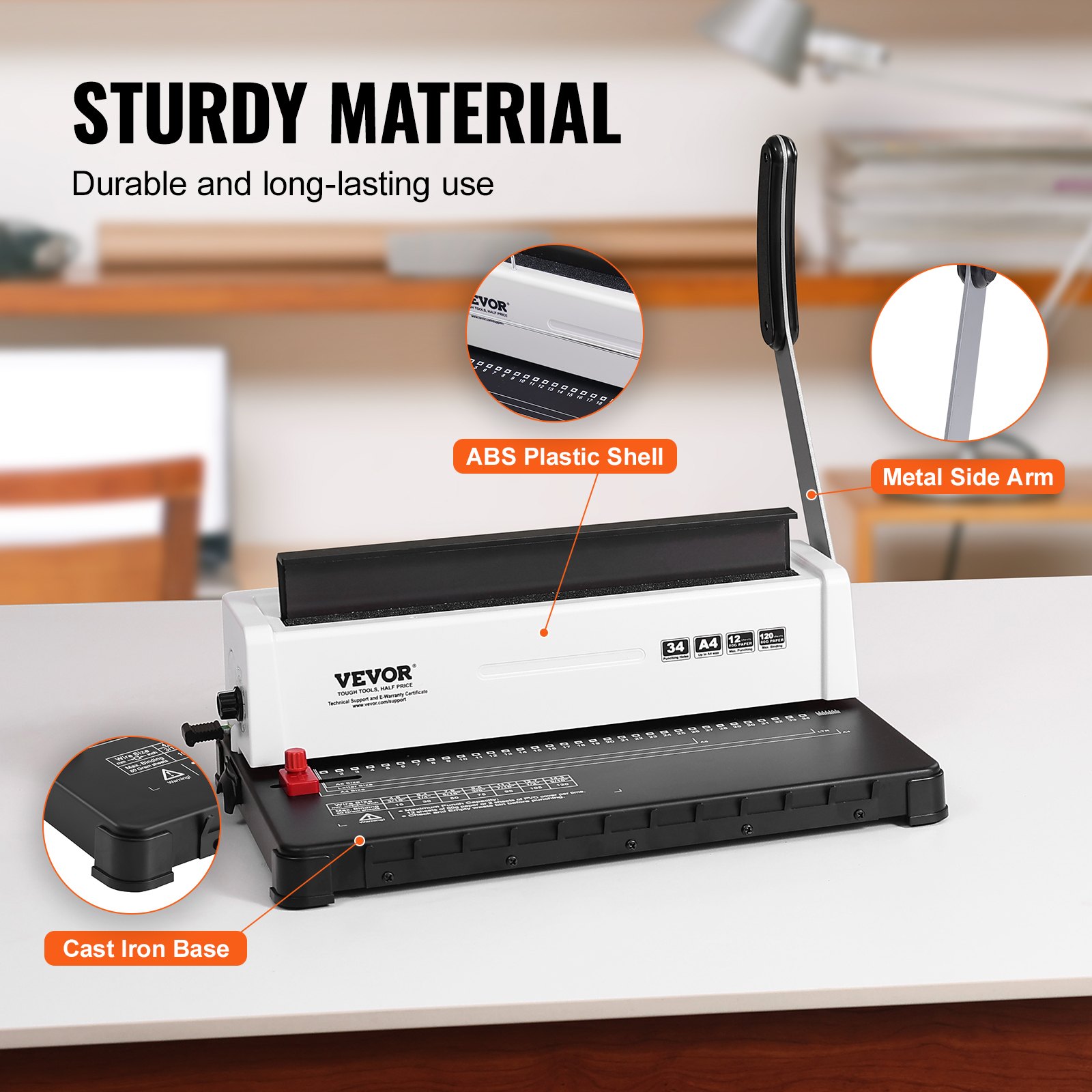VEVOR binding machine with abs plastic shell, metal side arm, and cast iron base for durability.