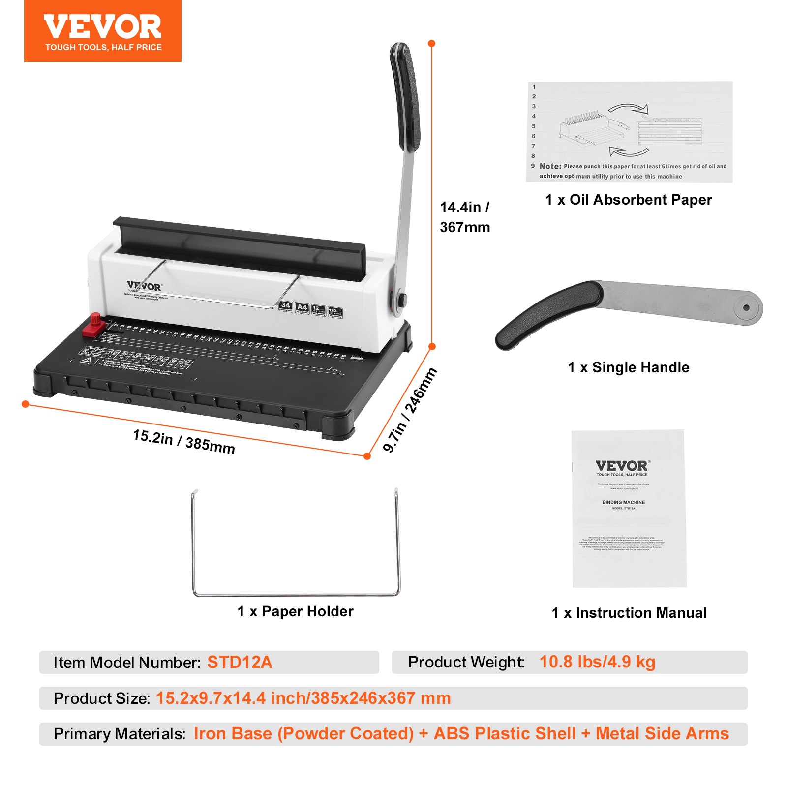 VEVOR binding machine with handle, paper holder, absorbent paper, and instruction manual.
