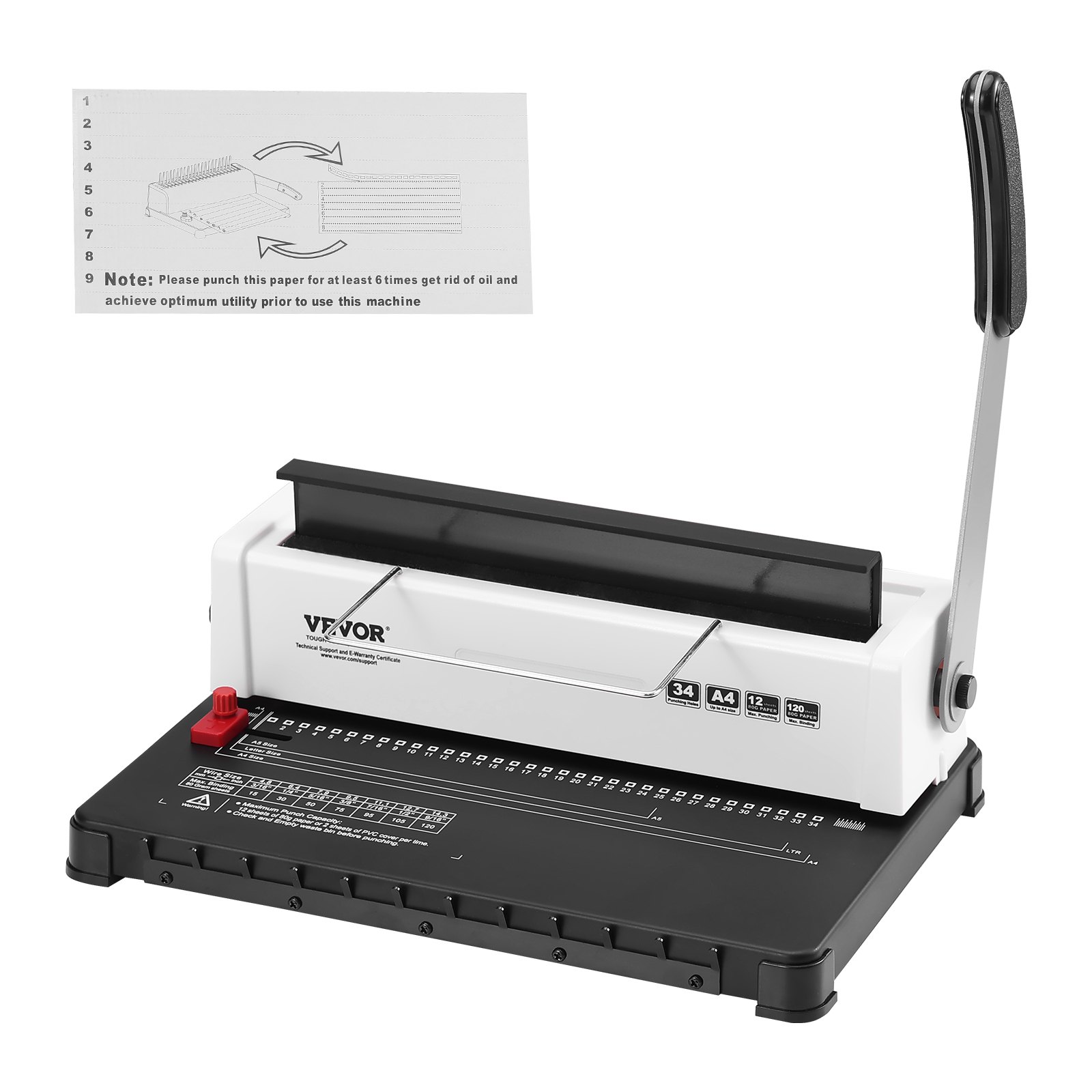 VEVOR binding machine with lever, adjustable holes, and user manual for optimal usage.
