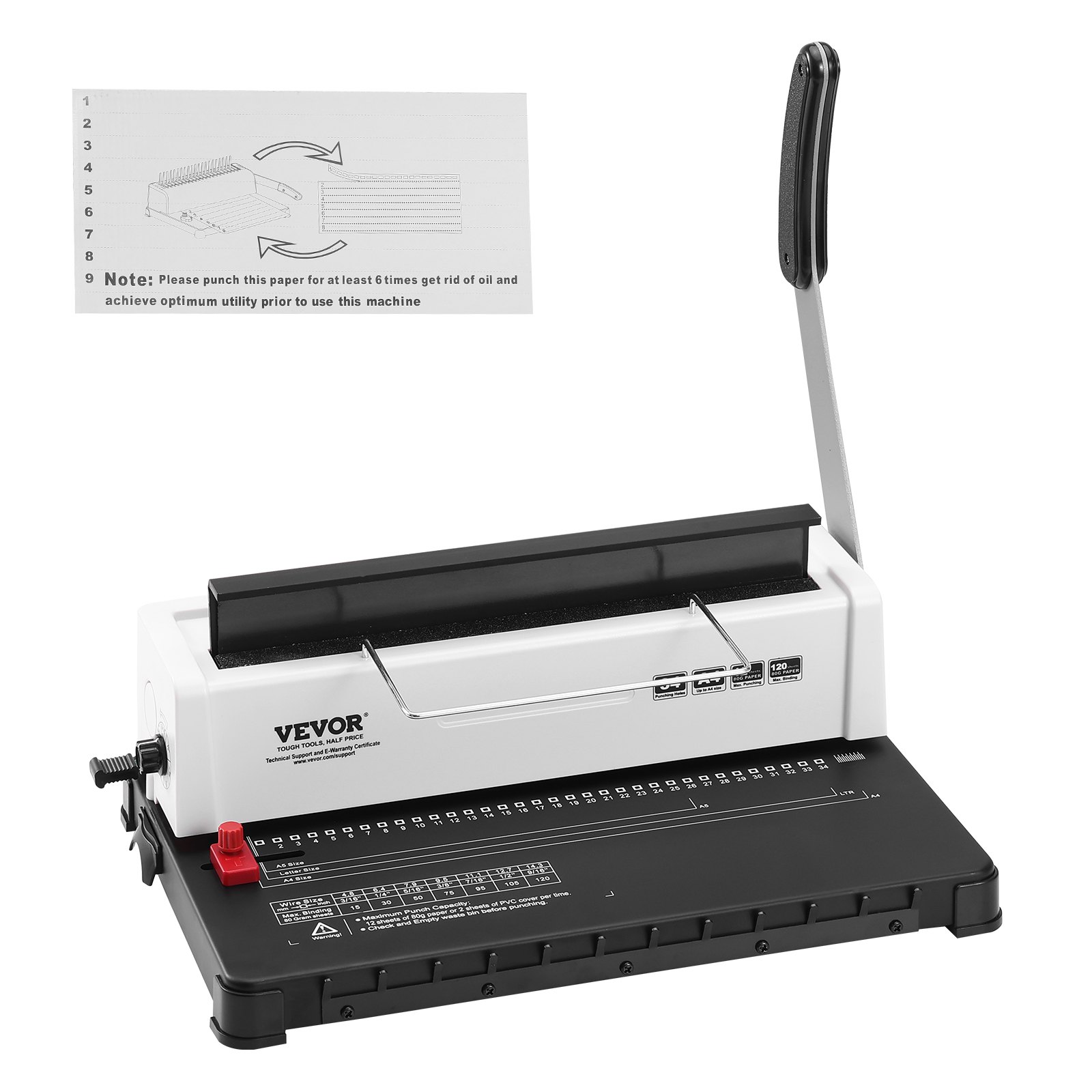 VEVOR binding machine with lever handle, paper instructions, and measurement guide.