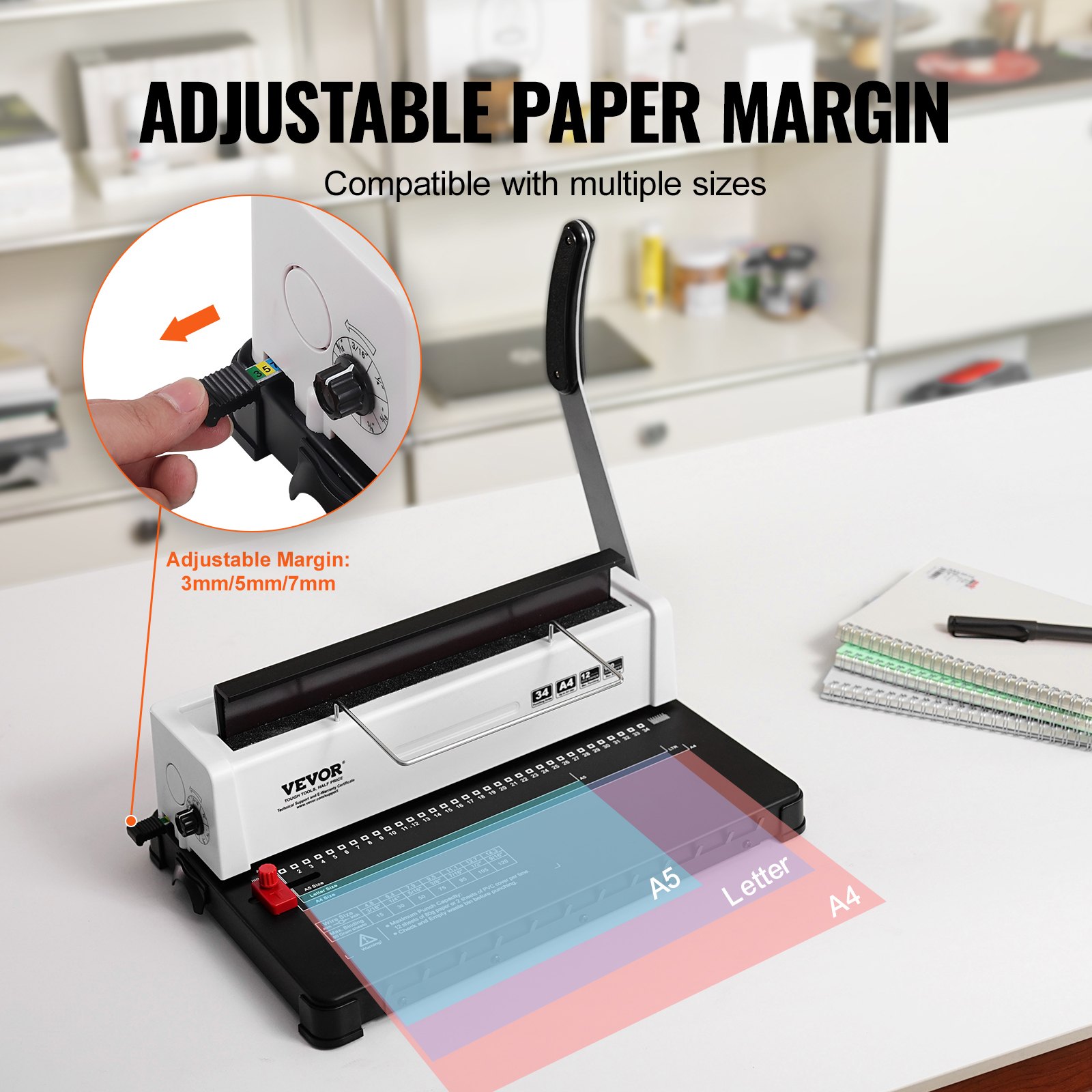 VEVOR Coil Spiral Binding Machine, Manual Book Maker 34-Holes Binding 120 Sheets, Punch Binder Adjustable 4.76 mm - 14.29 mm Coil Binding Spines, for Letter Size, A4, A5.