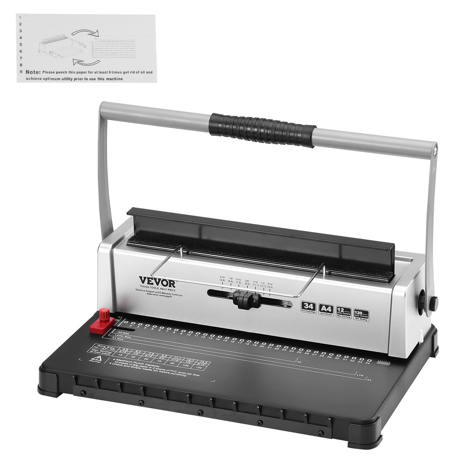 VEVOR binding machine, dual-handle design, paper punch guide, 34-hole capacity, black and silver.