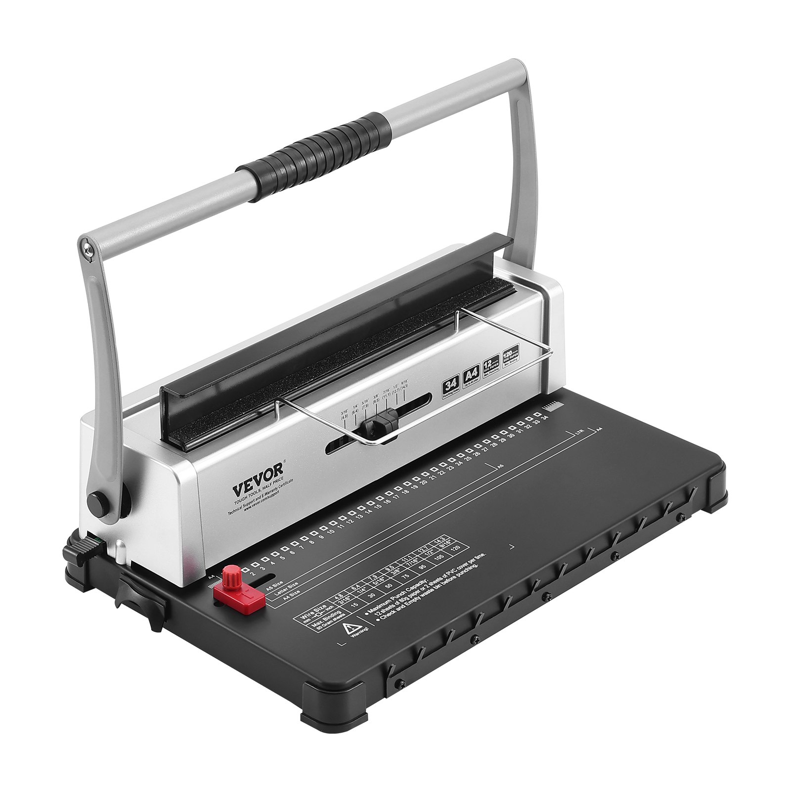 VEVOR binding machine with handle, adjustable settings, and measurement guide on a black platform.