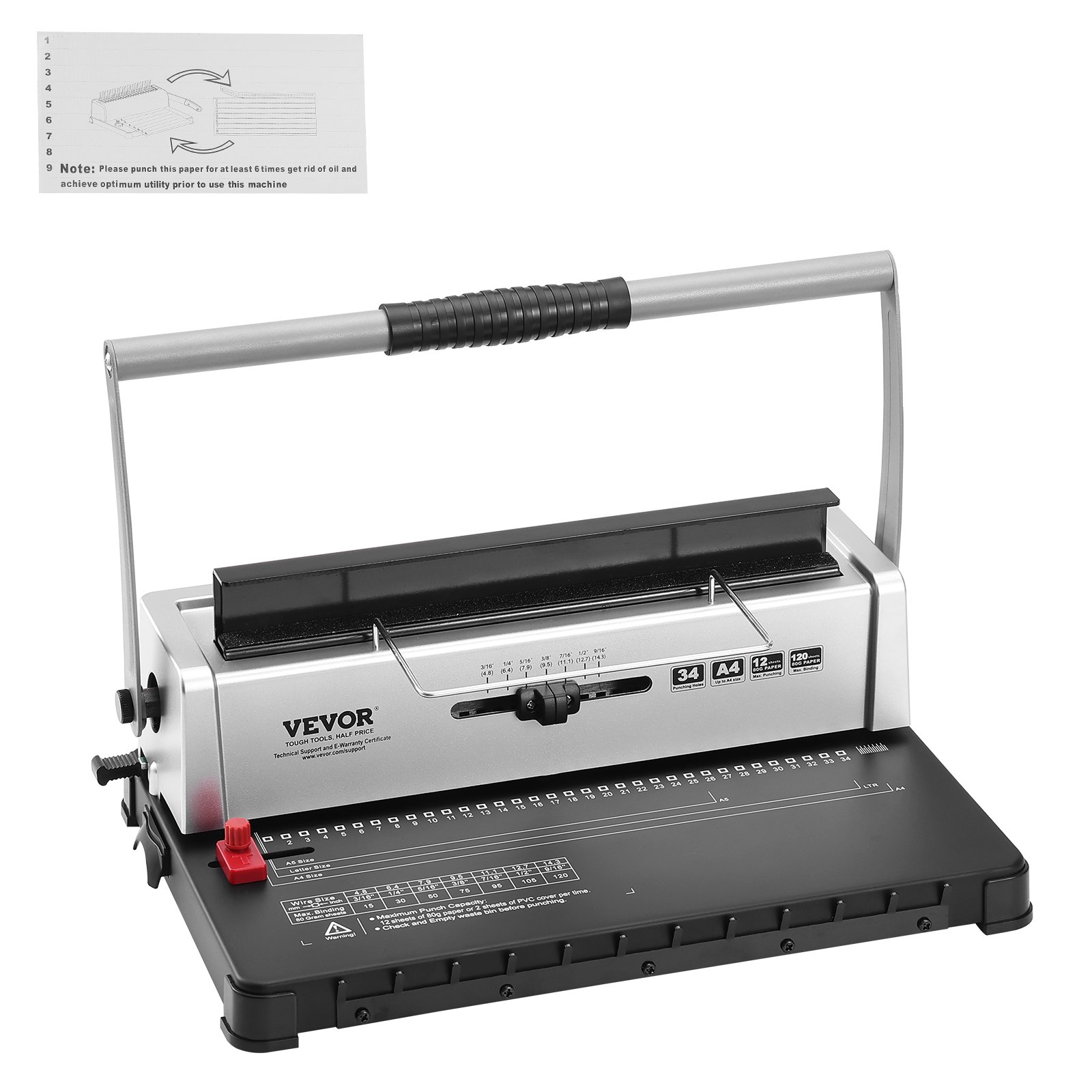 VEVOR binding machine with lever and measurement guide, ideal for binding documents and papers.