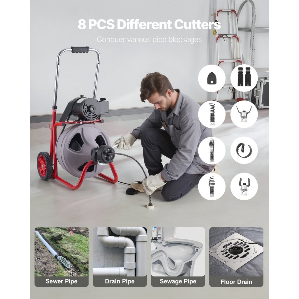 VEVOR Drain Cleaner Machine 22m x 9.5mm, Auto Feed Sewer Snake Drain Auger on Wheels, Portable Drain Cleaning Machine with 8 Cutters & Air-Activated Foot Switch for 50mm to 100mm Pipes