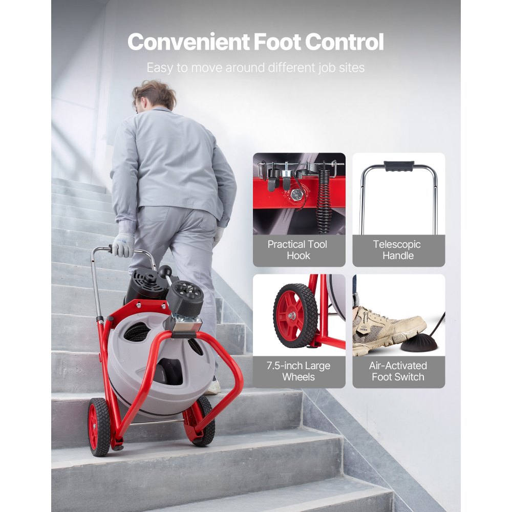 VEVOR Drain Cleaner Machine 22m x 9.5mm, Auto Feed Sewer Snake Drain Auger on Wheels, Portable Drain Cleaning Machine with 8 Cutters & Air-Activated Foot Switch for 50mm to 100mm Pipes