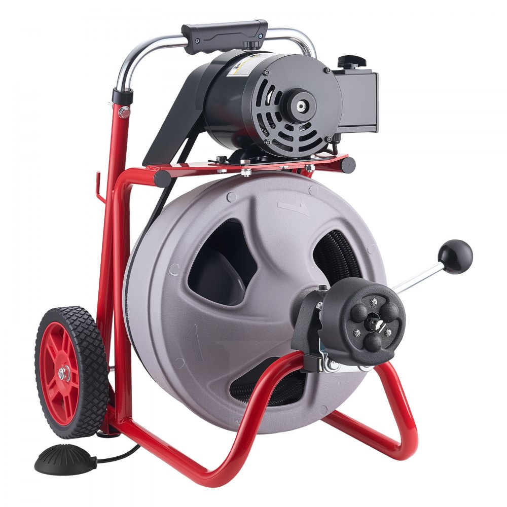 VEVOR Drain Cleaner Machine 22m x 9.5mm, Auto Feed Sewer Snake Drain Auger on Wheels, Portable Drain Cleaning Machine with 8 Cutters & Air-Activated Foot Switch for 50mm to 100mm Pipes