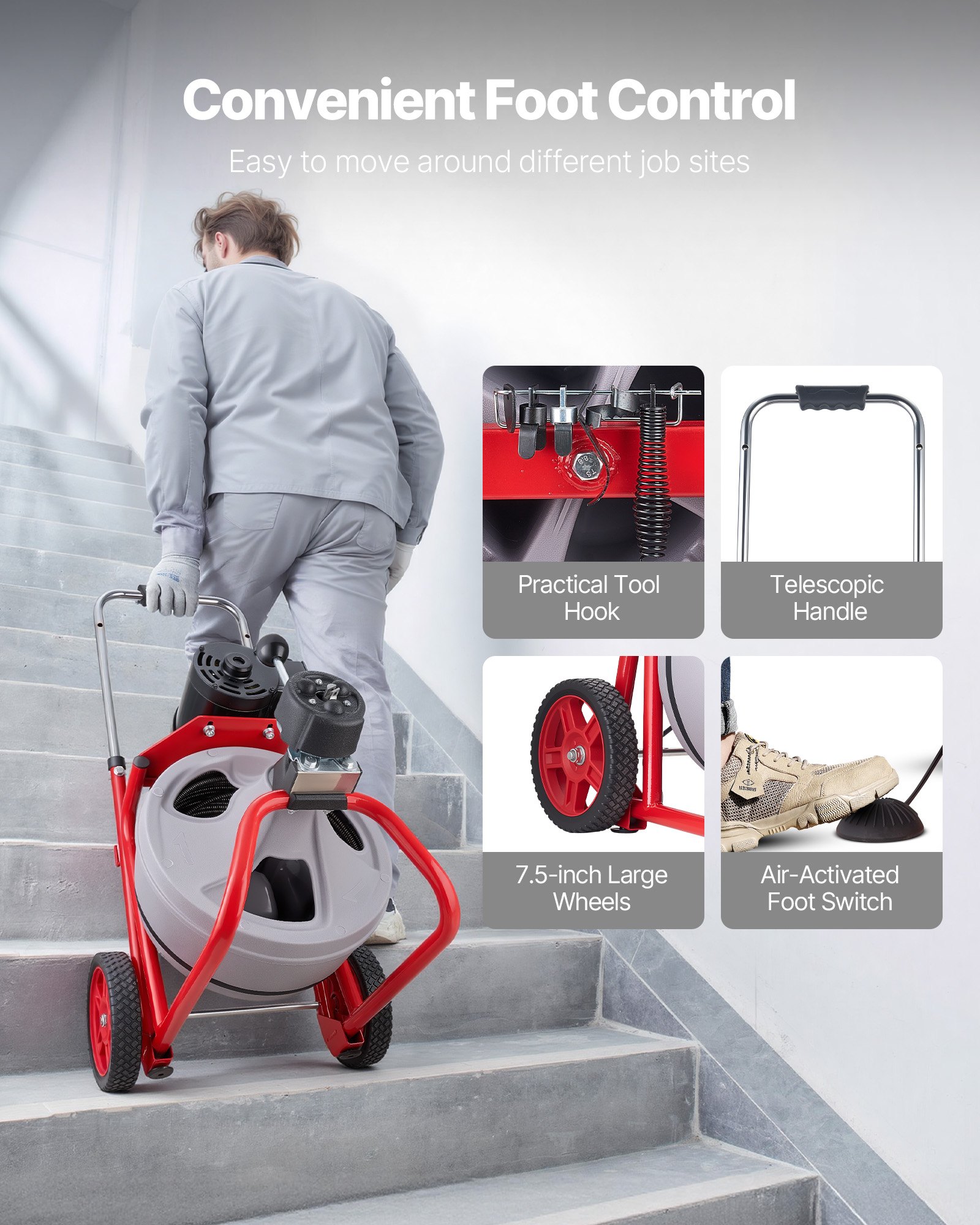 VEVOR Drain Cleaner Machine 22m x 9.5mm, Auto Feed Sewer Snake Drain Auger on Wheels, Portable Drain Cleaning Machine with 8 Cutters & Air-Activated Foot Switch for 50mm to 100mm Pipes