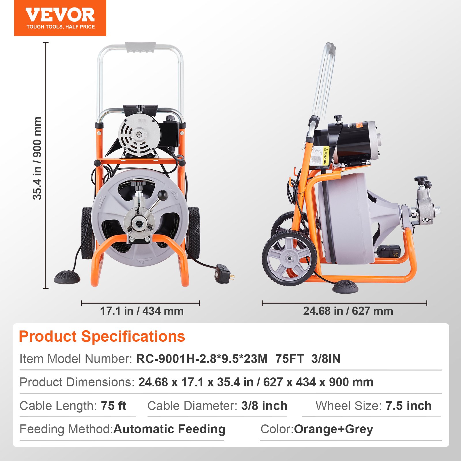 Stroj na čištění odtoku VEVOR 75FT x 3/8 palce s automatickým podáváním s kolečky a 8 frézami