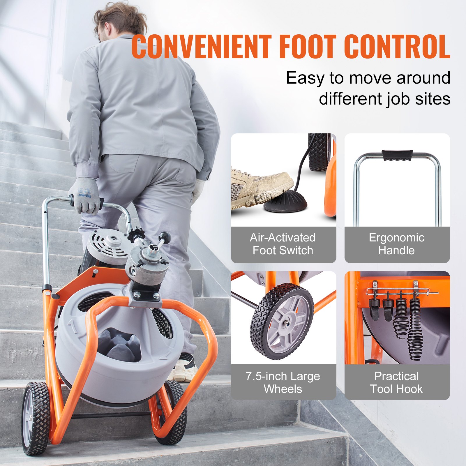 VEVOR Drain Cleaner Machine 75FT x 3/8 Inch, Auto Feed Sewer Snake Drain Auger on Wheels, Portable Drain Cleaning Machine with 8 Cutters & Air-activated Foot Switch for 2" to 4" Pipes