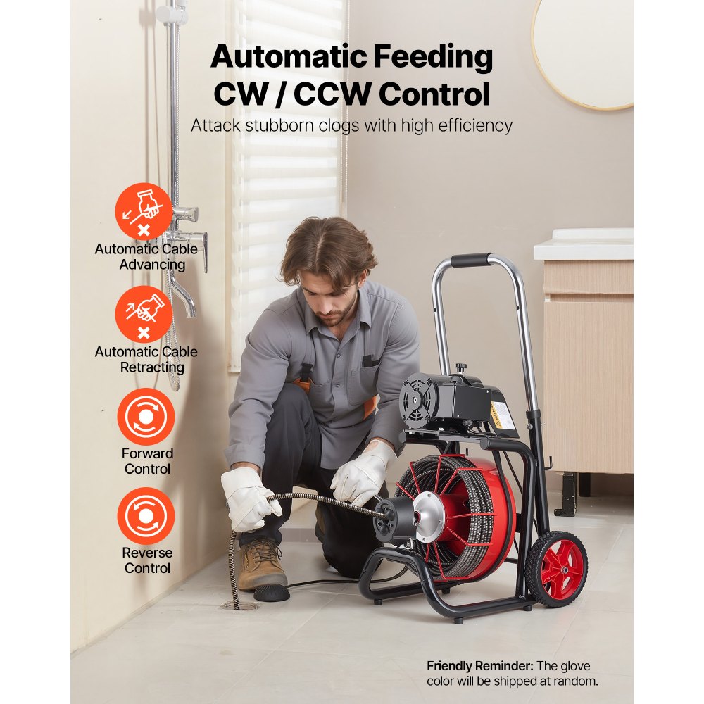 VEVOR Drain Cleaner Machine 30m x 10.5mm, Auto Feed Sewer Snake Auger on Wheels - with 8 Cutters & Air-Activated Foot Switch for 50mm to 100mm Pipes