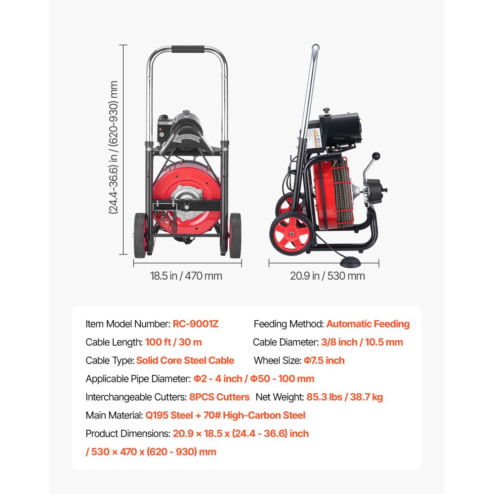 VEVOR Drain Cleaner Machine 30m x 10.5mm, Auto Feed Sewer Snake Auger on Wheels - with 8 Cutters & Air-Activated Foot Switch for 50mm to 100mm Pipes