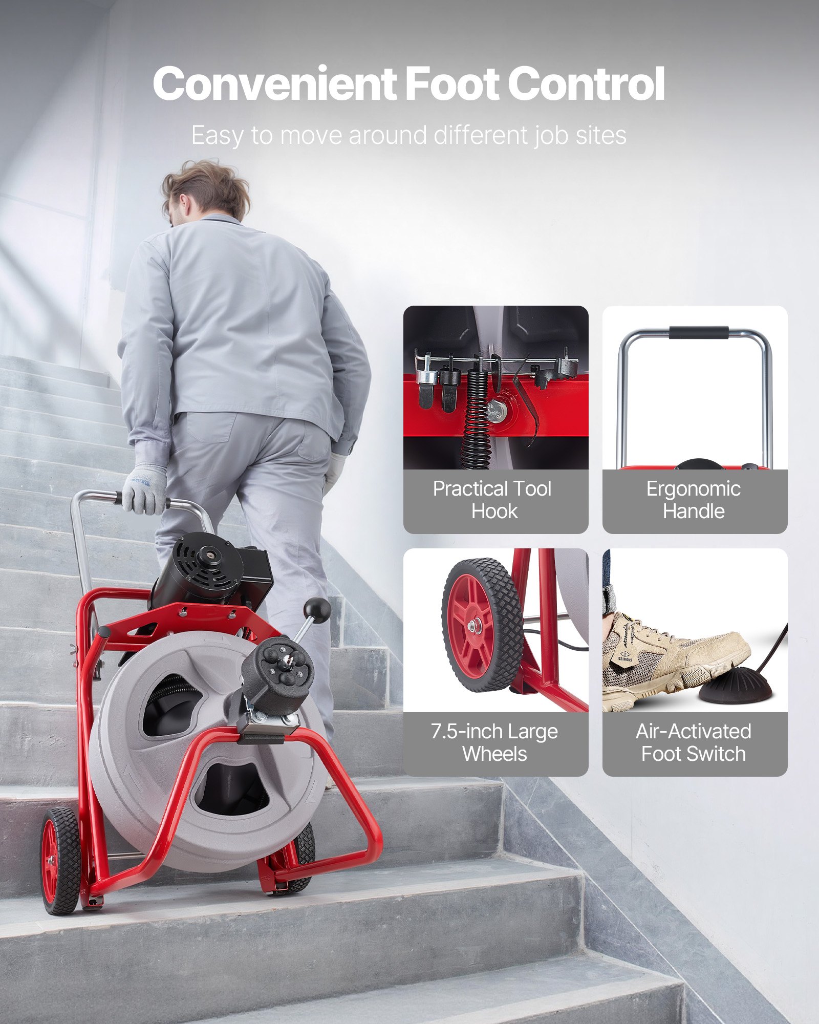 VEVOR Drain Cleaner Machine 22m x 13mm, Auto Feed Sewer Snake Drain Auger on Wheels, Portable Drain Cleaning Machine with 8 Cutters & Air-Activated Foot Switch for 50mm to 150mm Pipes