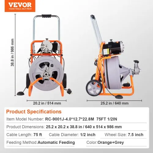 VEVOR 75FT X 1/2 Inch Drain Cleaning Machine, 370W Electric Drain Auger