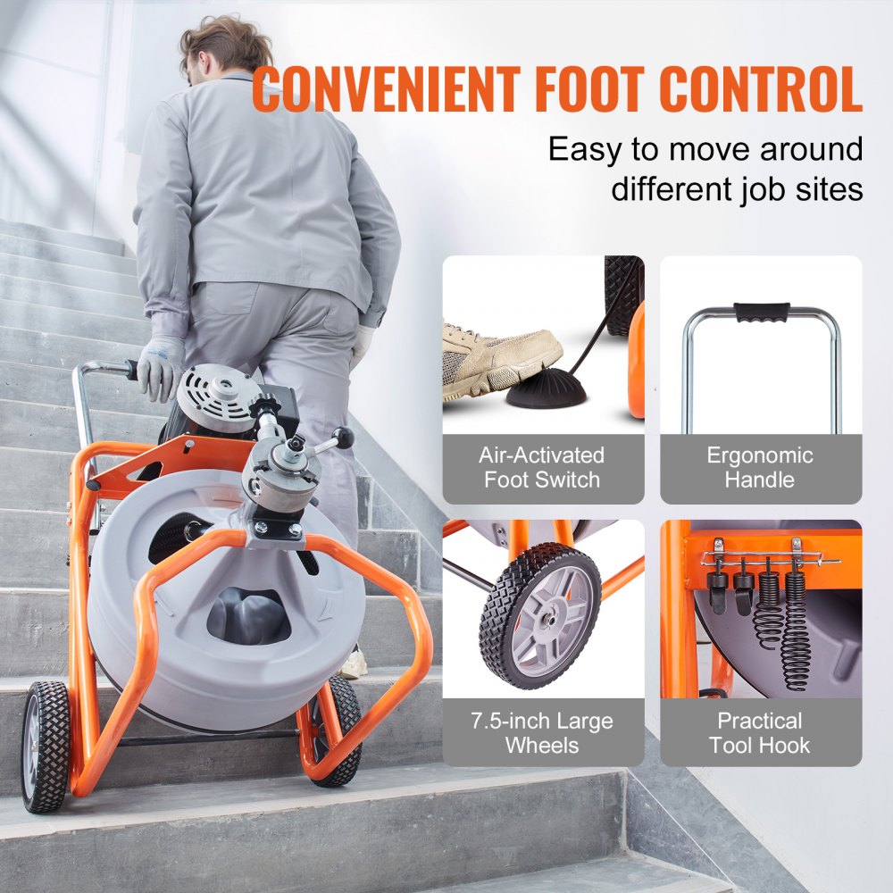 VEVOR Drain Cleaner Machine 75FT x 1/2 Inch, Auto Feed Sewer Snake Drain Auger on Wheels, Portable Drain Cleaning Machine with 8 Cutters & Air-activated Foot Switch for 2" to 4" Pipes