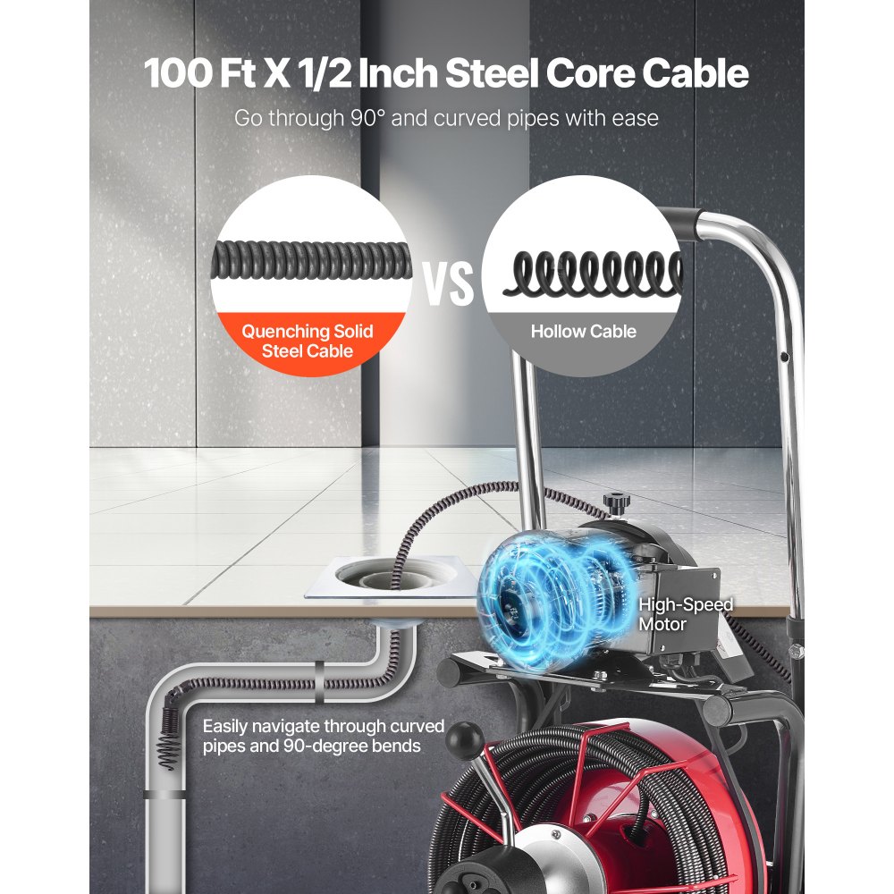 VEVOR Drain Cleaner Machine 30m x 13mm, Auto Feed Sewer Snake Auger on Wheels - with 8 Cutters & Air-Activated Foot Switch for 50mm to 150mm Pipes