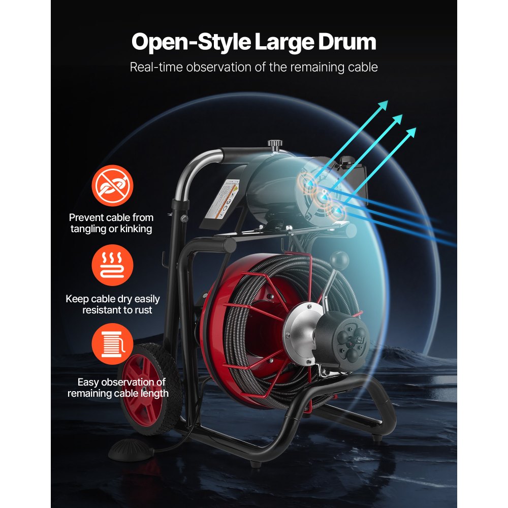 VEVOR Drain Cleaner Machine 30m x 13mm, Auto Feed Sewer Snake Auger on Wheels - with 8 Cutters & Air-Activated Foot Switch for 50mm to 150mm Pipes